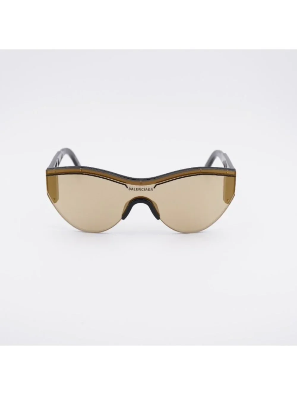 Balenciaga BB0004S 006 Sunglasses Black Shield Frame, Gold Mirror Lenses